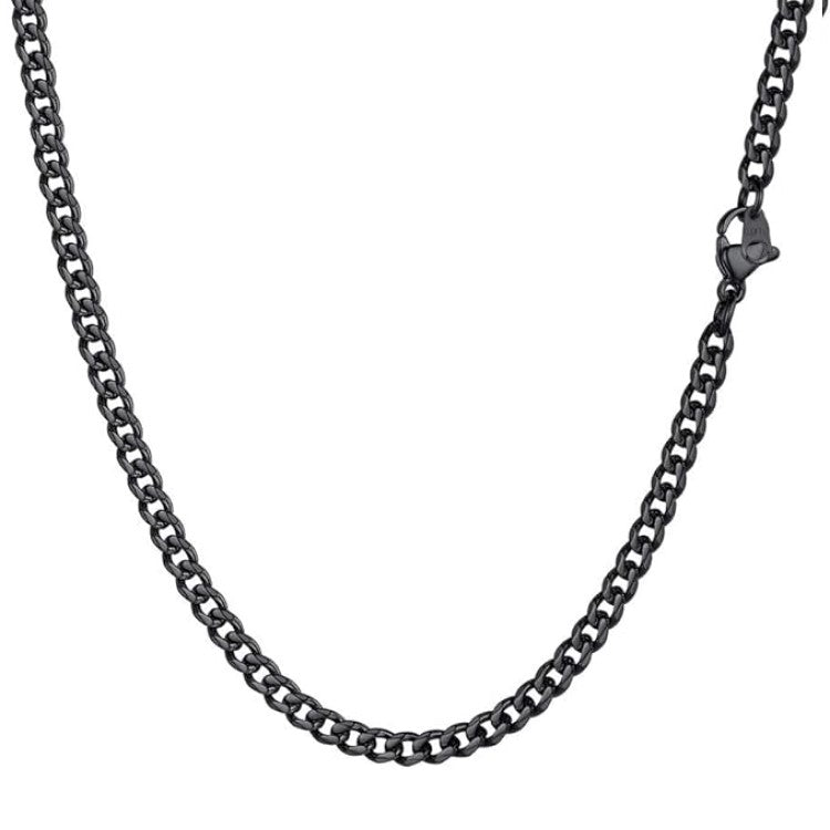 Black IP plated stainless steel curb link chain necklace, 5mm thick, 50cm length from T.M.J, showcasing its sleek design.