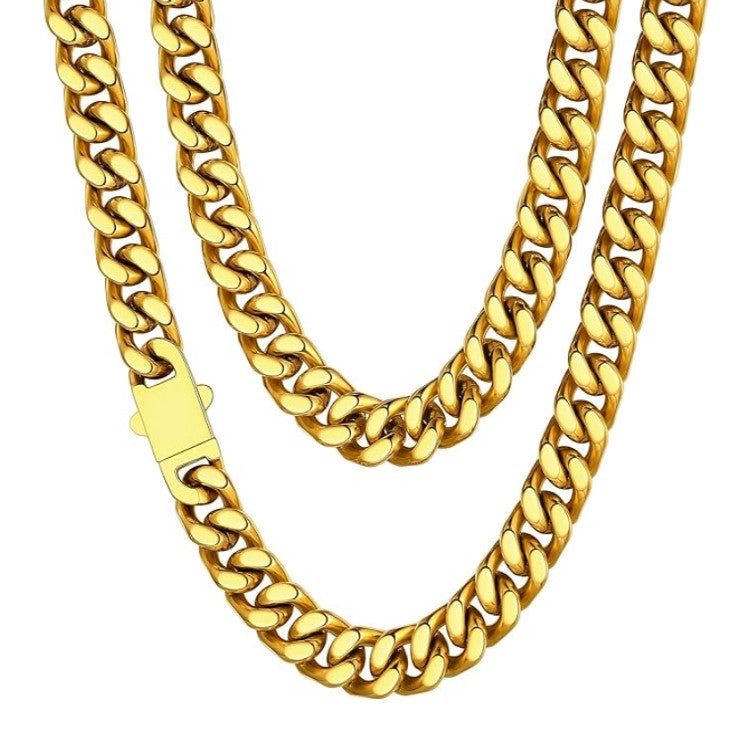Stainless steel gold plated 12mm Cuban curb link chain necklace by T.M.J, showing the shiny, thick curb chain design.