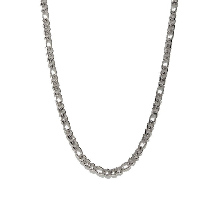 Silver stainless steel flat Figaro link chain from T.M.J, showcasing its smooth, shiny links and elegant design.
