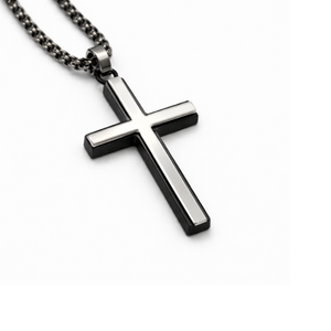 Ironvale men's stainless steel and black IP-plated cross necklace with polished finish, featuring a detailed cross pendant.