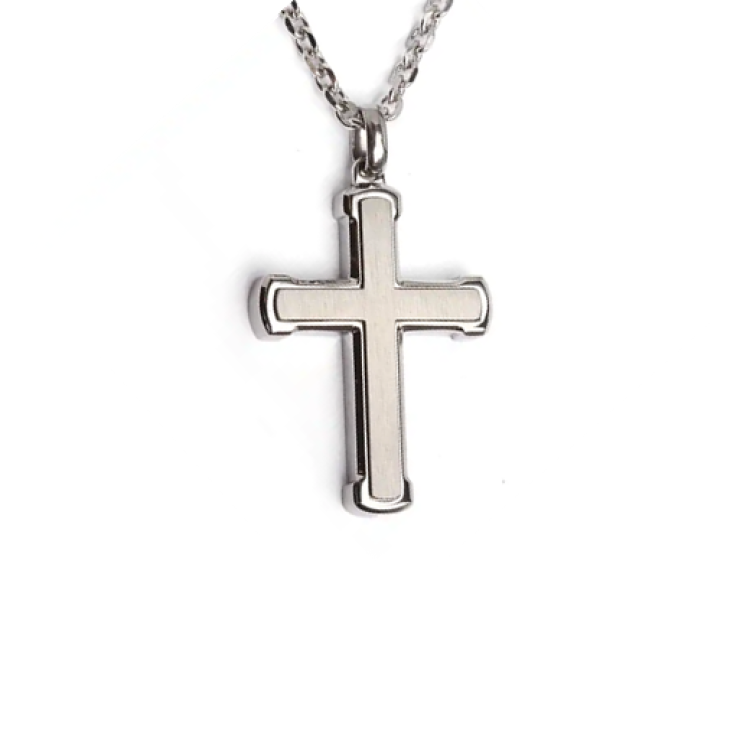 Kaine stainless steel cross pendant with satin finish, T.M.J brand, featuring a sleek, polished Christian jewelry design.