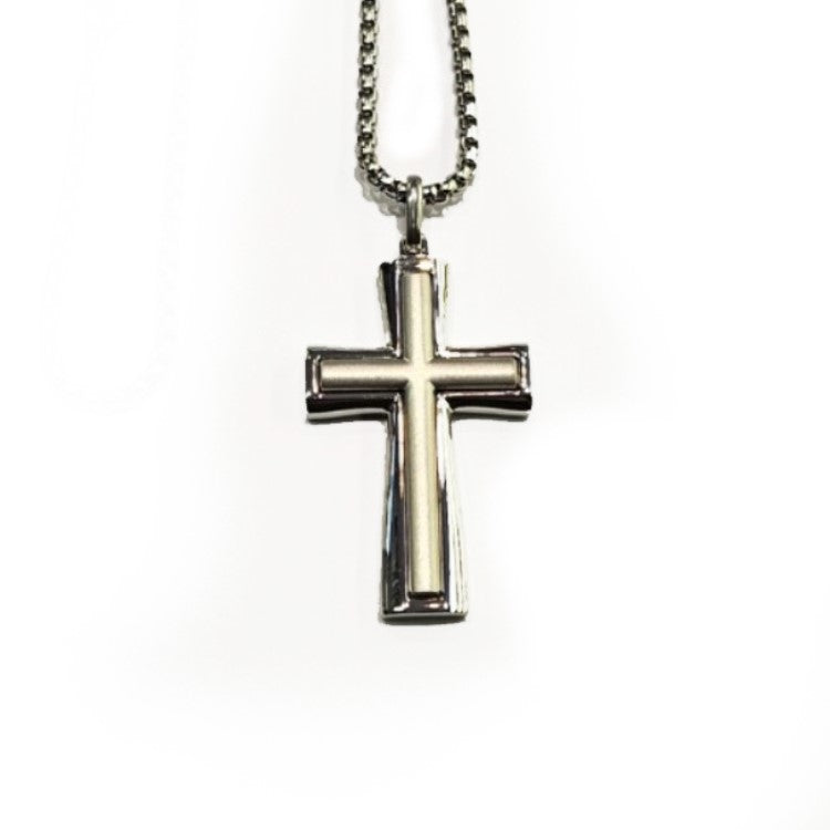 Kessler men's stainless steel cross pendant with satin steel inlay, displayed on a chain against a neutral background.