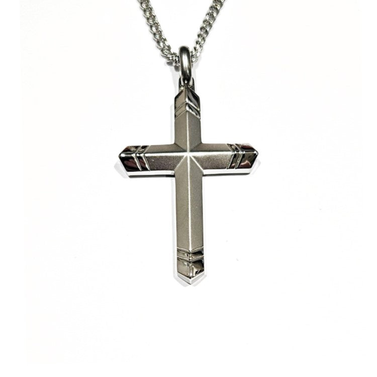 Men's stainless steel cross necklace featuring a simple cross pendant, designed by T.M.J for a sleek, stylish look.