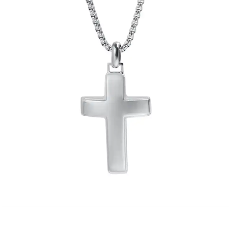 T.M.J stainless steel cross pendant with polished dome inlay, detailed close-up showing smooth metal finish and intricate design.