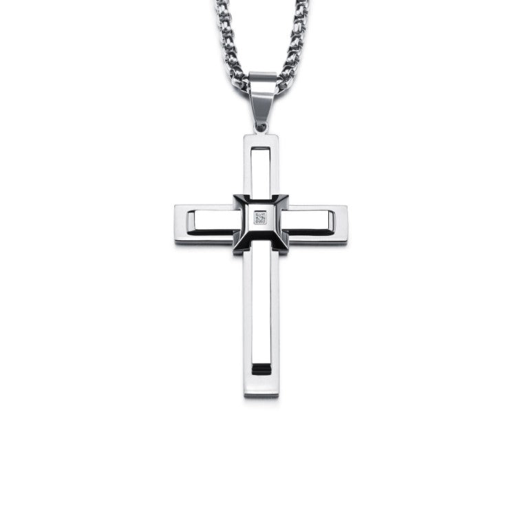 Sterling stainless steel cross pendant with satin finish and crystal inlay, featuring a detailed religious design.