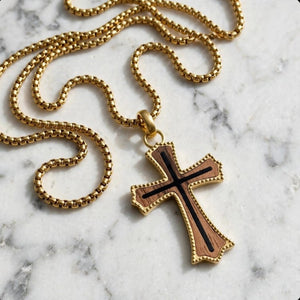 Thornbury Bubinga wood ornate cross pendant on gold PVD stainless steel chain, featuring intricate design and craftsmanship.
