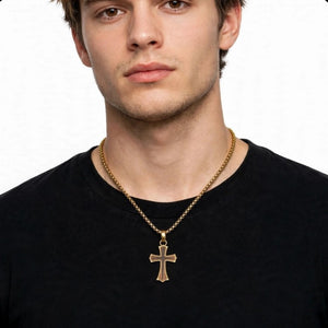 Thornbury Bubinga wood ornate cross pendant on gold PVD stainless steel chain, featuring detailed wood grain and elegant design.