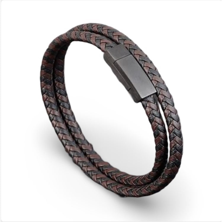 Men’s leather bracelet with black and brown woven pattern, 19cm, by T.M.J, showcasing stylish woven design and adjustable fit.