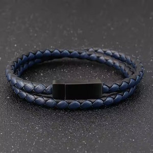 Men's leather bracelet by T.M.J with black and brown woven pattern, 19cm stylish leather accessory for men.