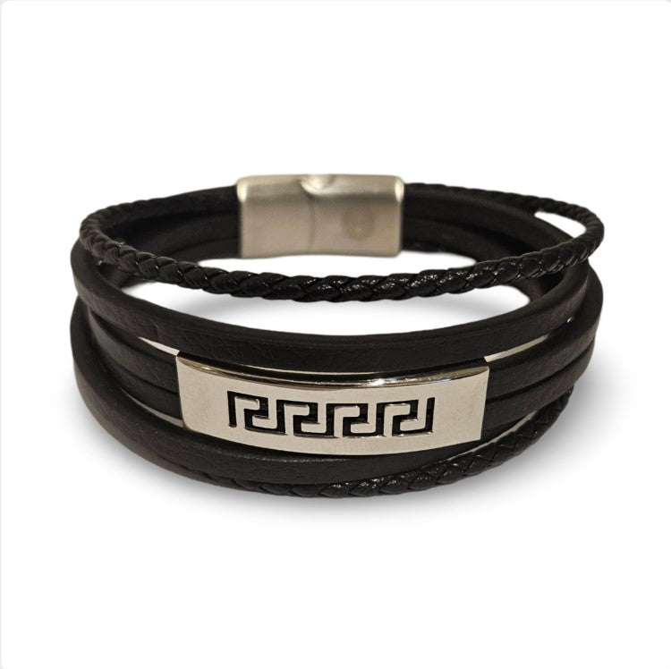 Black leather men's bracelet with stainless steel Greek key ID design, stylish and durable T.M.J leather bracelet.