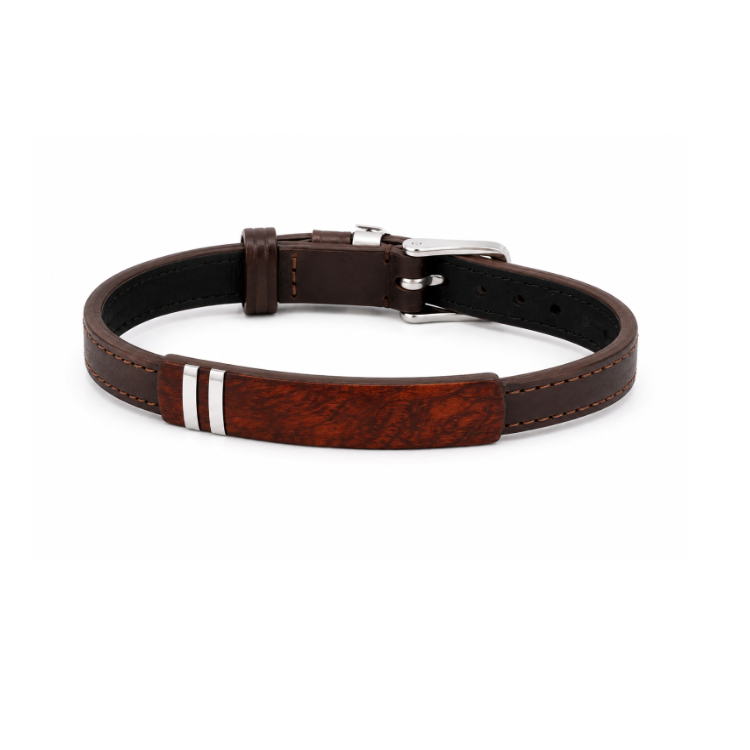 Men's Brown Leather Bracelet with Bubinga Wood and Steel inlay