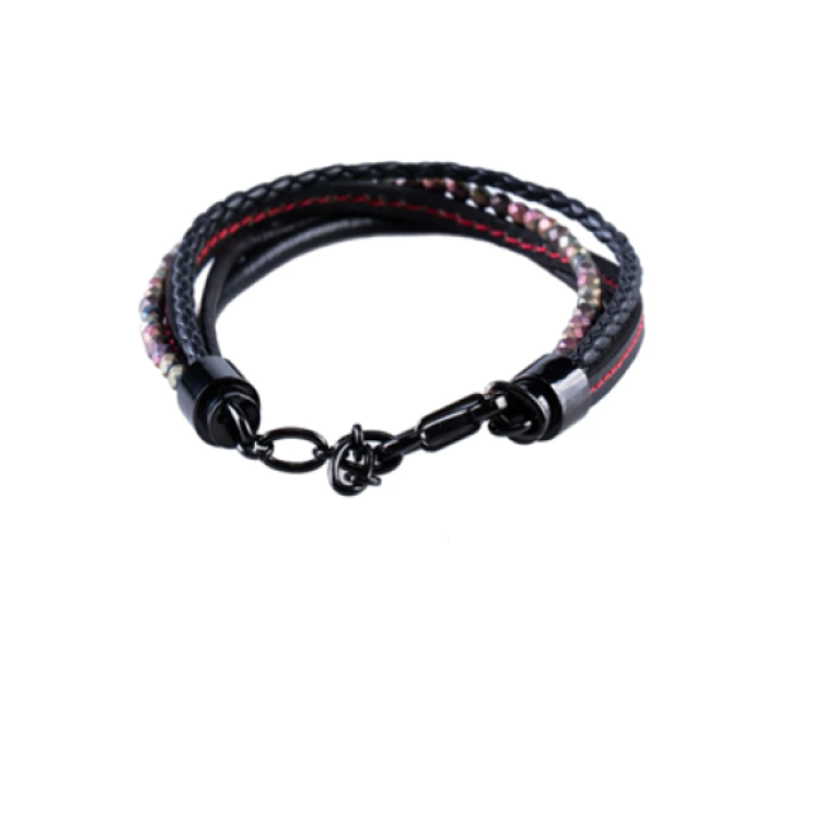 Multi-strand black leather bracelet with hematite beads and ion-plated stainless steel clasp, stylish T.M.J leather jewelry accessory.