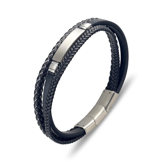Black leather men's bracelet by T.M.J with braided strap and ID badge, made from stainless steel for a stylish look.