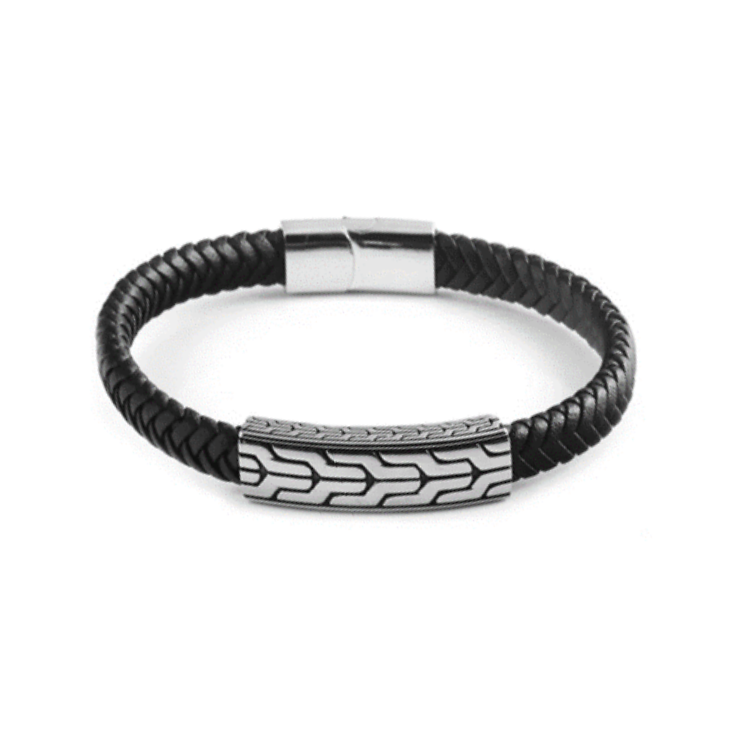 Stainless steel chevron pattern ID bracelet with black braided leather strap from T.M.J, stylish men's leather bracelet.