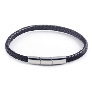 Stainless steel men's 7mm black and blue braided leather and nylon bracelet by T.M.J, featuring a sleek design and adjustable fit.