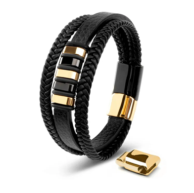 Stainless steel men's black leather and gold multi-wrap bracelet by T.M.J, featuring layered leather straps with gold accents.