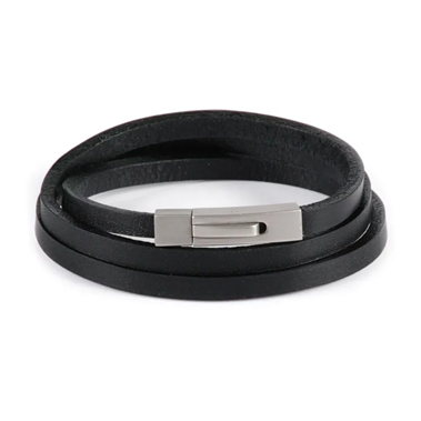 Black leather triple strand bracelet or necklace for men with stainless steel accents, stylish T.M.J leather jewelry accessory.