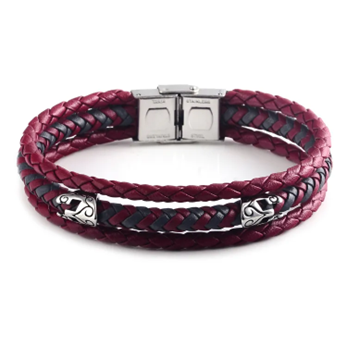 Stainless steel men's leather bracelet with red and grey multi-bangle design and silver helmet details by T.M.J.
