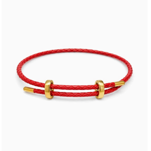 Genuine red 4mm braided leather bracelet by T.M.J with gold-tone accents and adjustable clasp detail.