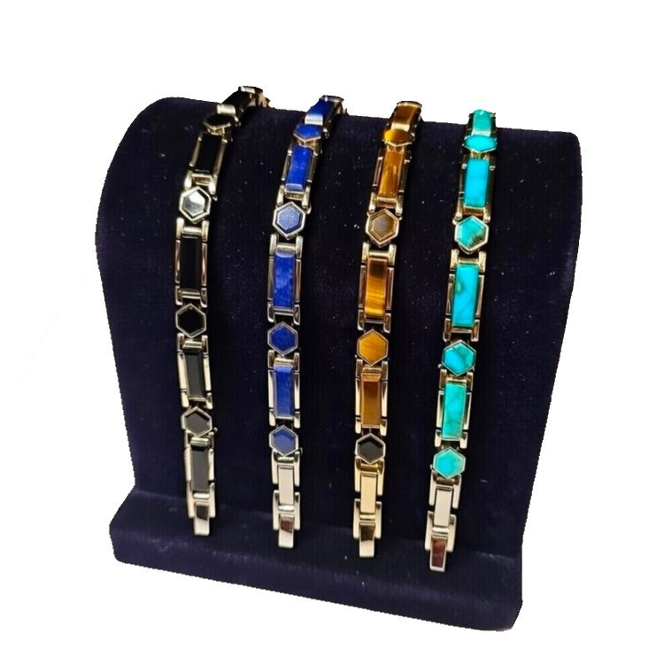 T.M.J stainless steel gemstone link bracelet with turquoise azure stones, 7mm wide, adjustable 19-22cm length, metal jewelry.