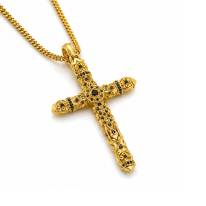 T.M.J Ambrose silver cross pendant with 18K gold PVD plating and black onyx stone, showcasing elegant religious jewelry design.