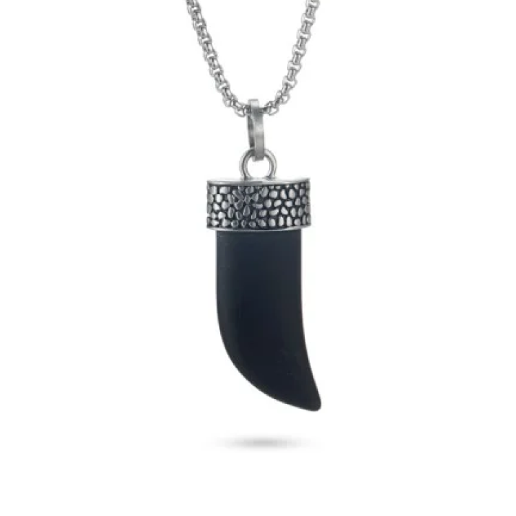 Antique stainless steel shark tooth pendant with agate details, from T.M.J, showcasing intricate design and polished finish.