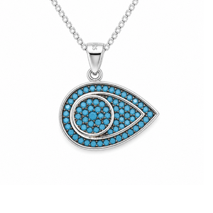 Sterling silver Azure Guardian Evil Eye pendant by T.M.J featuring a protective eye design, hanging from a silver chain.