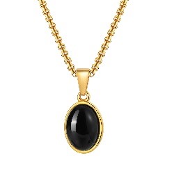 T.M.J gold-plated steel pendant featuring a black agate cabochon, elegant jewelry accessory with a polished finish.
