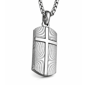 Men's Damascus stainless steel cross dog tag pendant with engraved design, stylish jewelry accessory.