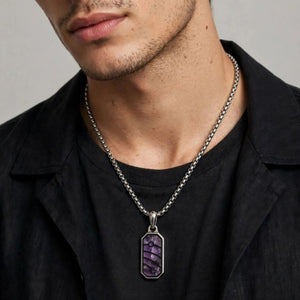 T.M.J Quantum Trace Amethyst inlay pendant necklace with stainless steel chain, featuring a polished amethyst stone setting.
