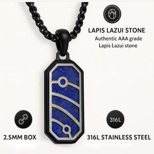 Quantum Trace Lapis Lazuli pendant necklace with black PVD plated stainless steel chain, featuring a deep blue lapis lazuli stone.