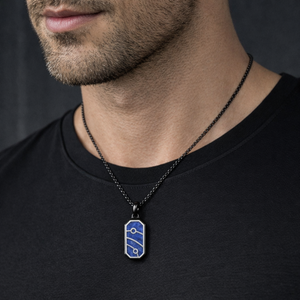 Quantum Trace Lapis Lazuli pendant necklace with black PVD plated stainless steel chain, featuring a polished lapis lazuli stone.
