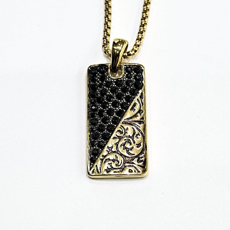 Stainless steel exotic stone pavé tag pendant with cubic zirconia accents, featuring a sleek, modern design.