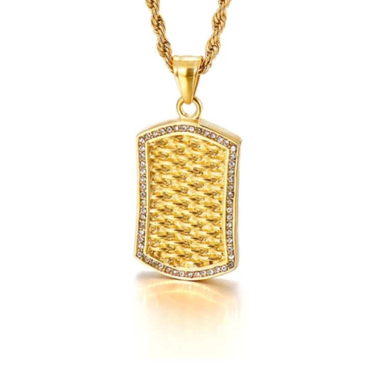 Stainless steel gold exotic stone pavé dog tag pendant with cubic zirconia accents, stylish jewelry by T.M.J.