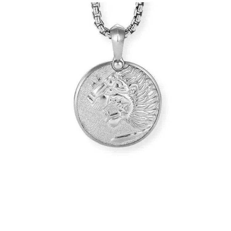 Stainless steel Nemean Lion pendant featuring Greek mythology design, crafted by T.M.J, with detailed lion head and mythological motifs.