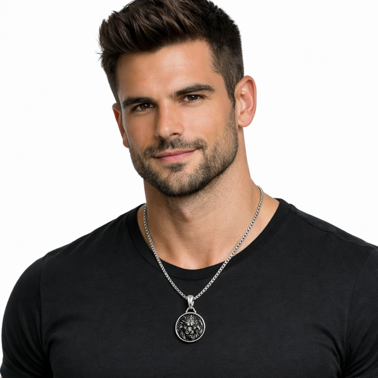 Two-dimensional Nemean Lion stainless steel pendant with chain, detailed mythological design from T.M.J. pendant jewelry.