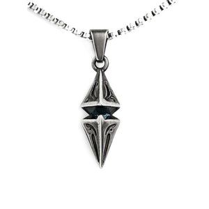 Vesper antique steel spike pendant with blue CZ accent, T.M.J jewelry, featuring a sleek, edgy design with sparkling blue stone detail.