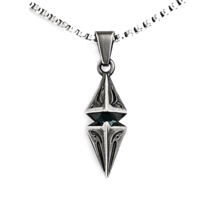 Vesper antique steel spike pendant with blue CZ accent, T.M.J jewelry, featuring a sleek, edgy design with sparkling blue stone detail.