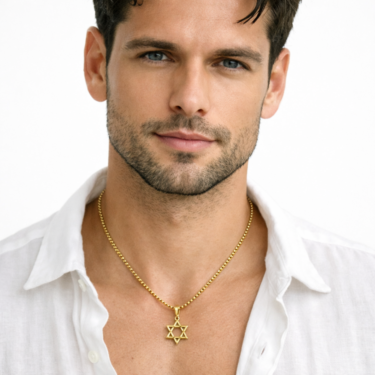 Zephyrine Star of David stainless steel pendant necklace with intricate design, crafted by T.M.J, hanging on a chain.