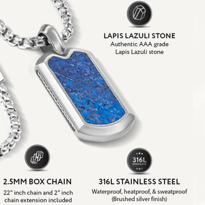 Lapis Valor pendant for women featuring stainless steel and natural lapis lazuli, showcasing a striking blue gemstone necklace.
