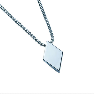 Stainless steel geometric diamond-shaped pendant on chain, designed for women, by T.M.J.