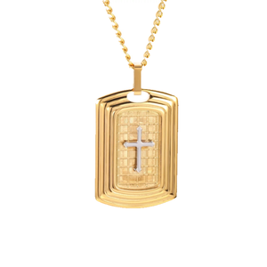 Gold plated stainless steel cross tag pendant from T.M.J, showcasing a sleek, plain design with a polished finish.