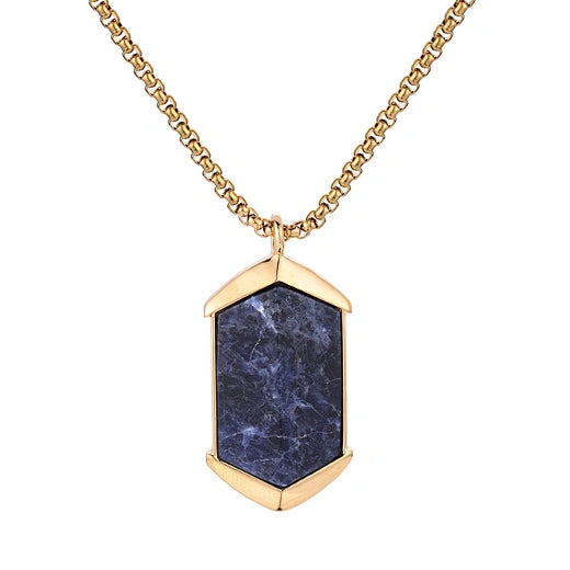 Stainless steel gold plated and silver Sodalite stone pendant with chain, T.M.J brand, elegant jewelry accessory.