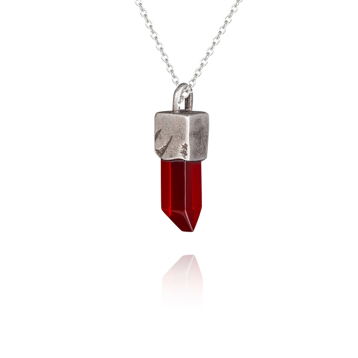 T.M.J stainless steel pendant with synthetic quartz crystal, chain, and smokey quartz stone, showcasing a sleek, elegant jewelry piece.
