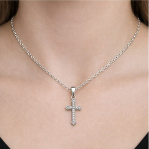 Aurora Sterling Silver Cubic Zirconia Cross Necklace by T.M.J, detailed religious jewelry with sparkling stones, chain not included
