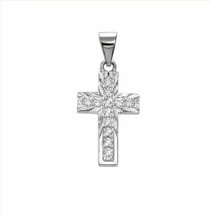 Sterling silver Lucienne CZ cross pendant, 10×20mm, religious jewelry by T.M.J, with chain not included.