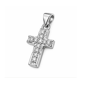 Sterling silver Lucienne CZ cross pendant, 10x20mm, religious jewelry by T.M.J, with chain not included.