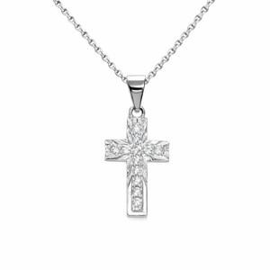 Sterling silver Lucienne CZ cross pendant, 10x20mm, religious jewelry by T.M.J, featuring sparkling cubic zirconia stones.