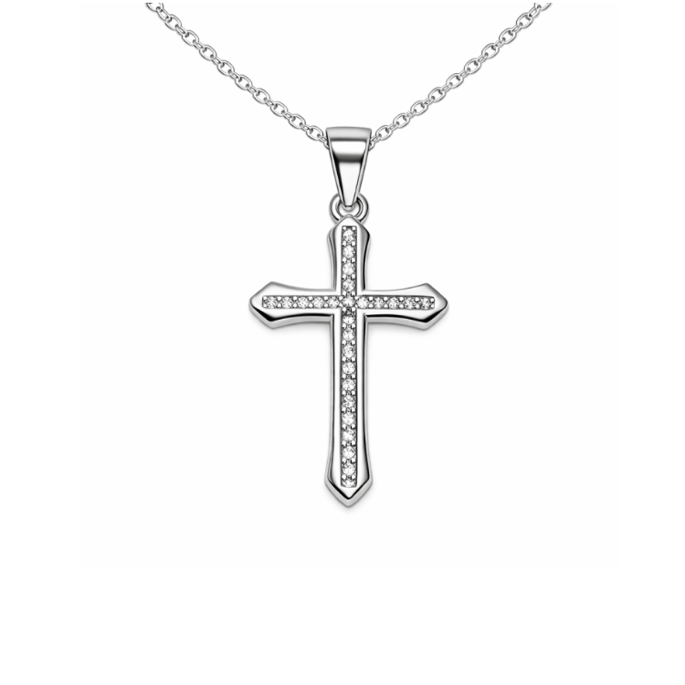Sterling silver Cubic Zirconia cross necklace by T.M.J, featuring a detailed religious design, chain not included.