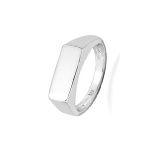 Sterling silver signet ring with rhodium polish, 4mm by 16mm face, featuring a sleek, polished design.